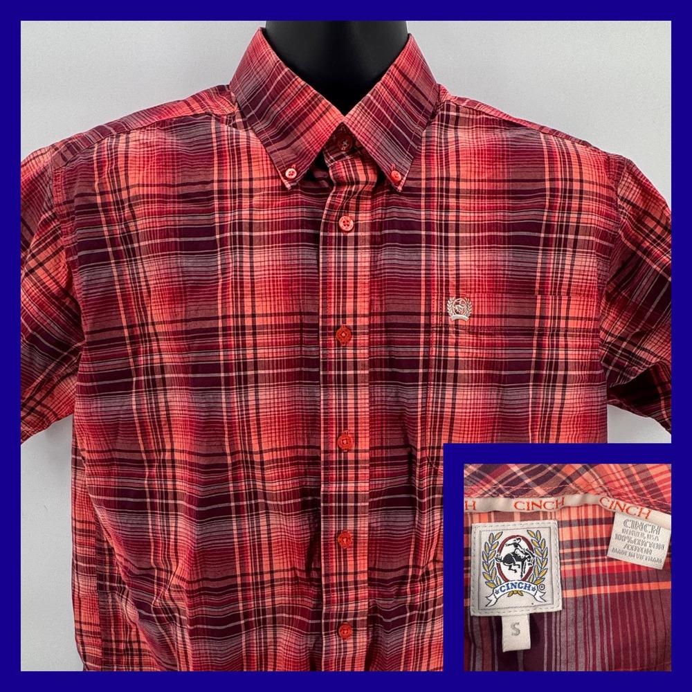 Cinch Men's Short Sleeve Plaid Button‎ Up Shirt Red Burgundy/Orange Size S